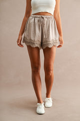 Floral Lace Trim Drawstring Satin Shorts Taupe