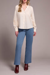 Button Detail Applique Bishop Sleeve Blouse Moonstone