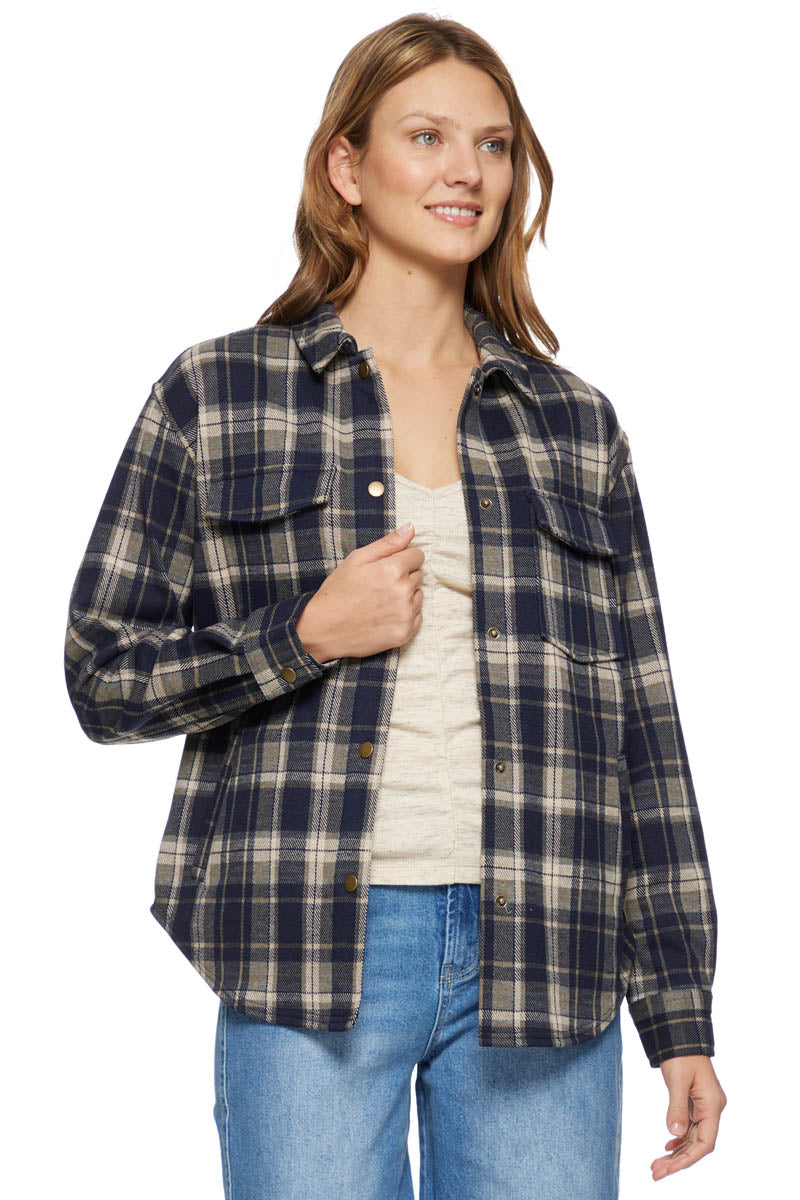 Sweeny Knit Plaid Shacket Navy