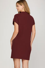 Mock Neck Front Pocket Sweater Dress Wine
