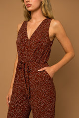Faux Wrap Wide Leg Tied Waist Abstract Jumpsuit Brown