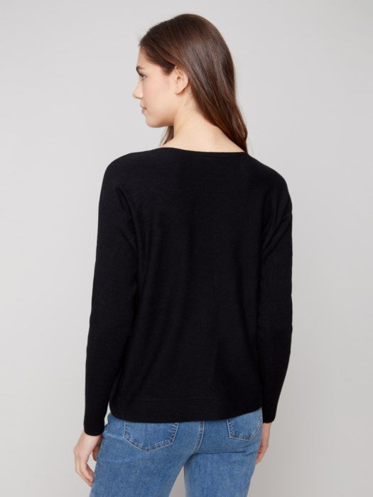 Side Button Detail Boat Neck Sweater Black