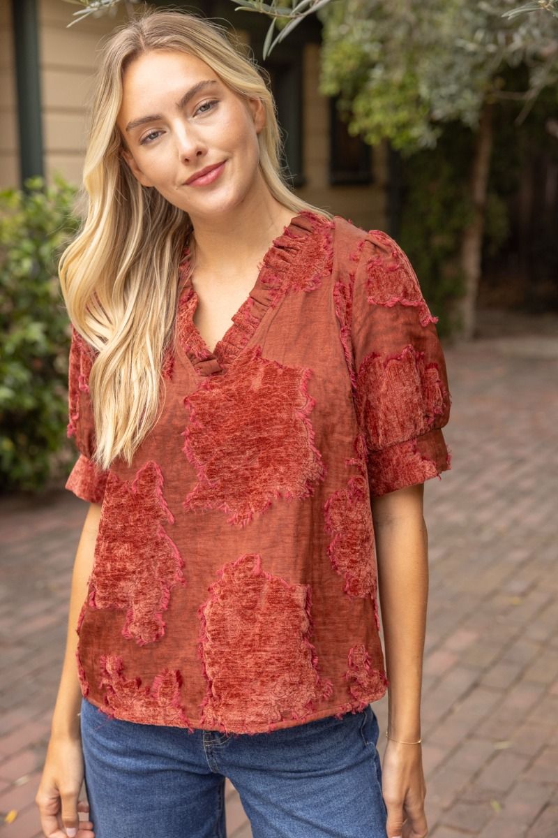Ruffle Vneck Vintage Burnout Velvet Top Rust