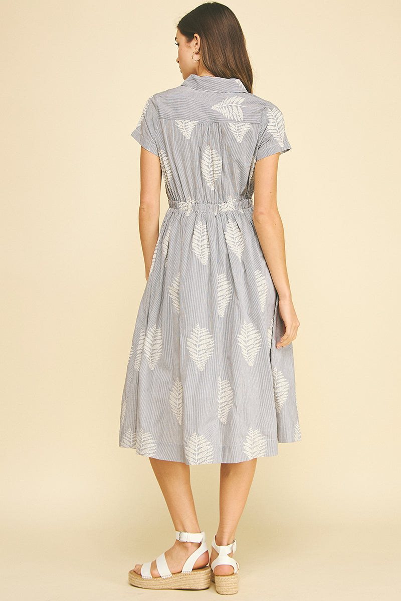 Striped Leaf Embroidered Midi Dress Blue Black