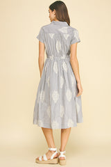 Striped Leaf Embroidered Midi Dress Blue Black