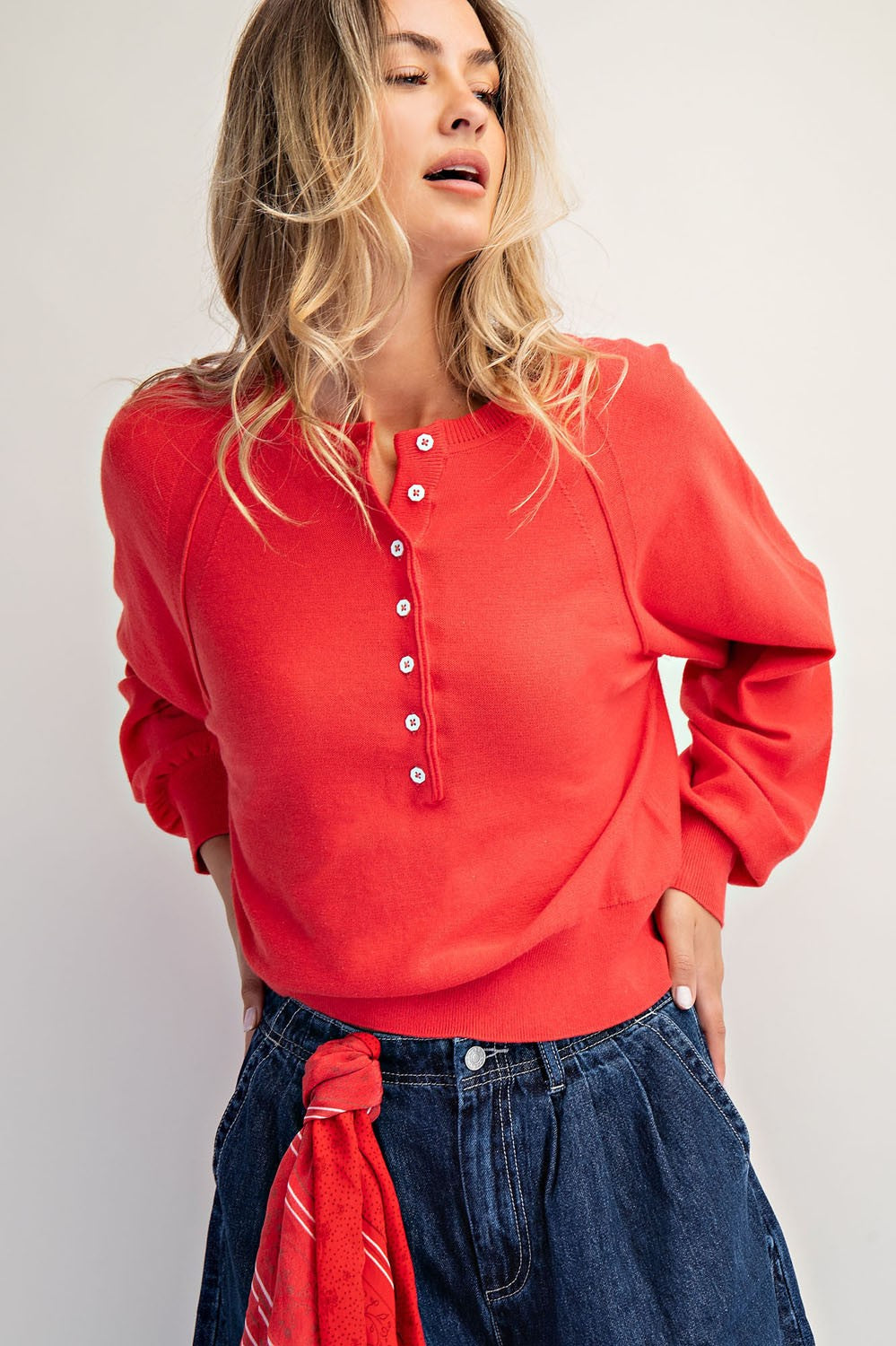 Cozy Half Button Pullover Sweater Coral Red