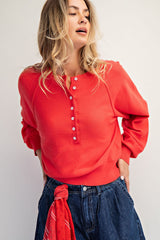 Cozy Half Button Pullover Sweater Coral Red