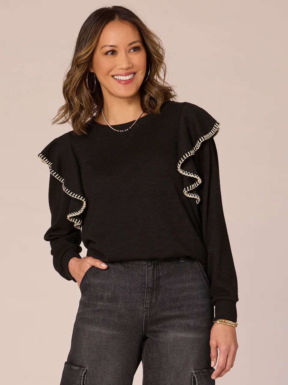 Embroidered Ruffle Shoulder Mix Media Sweater Black + Natural