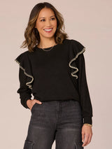 Embroidered Ruffle Shoulder Mix Media Sweater Black + Natural