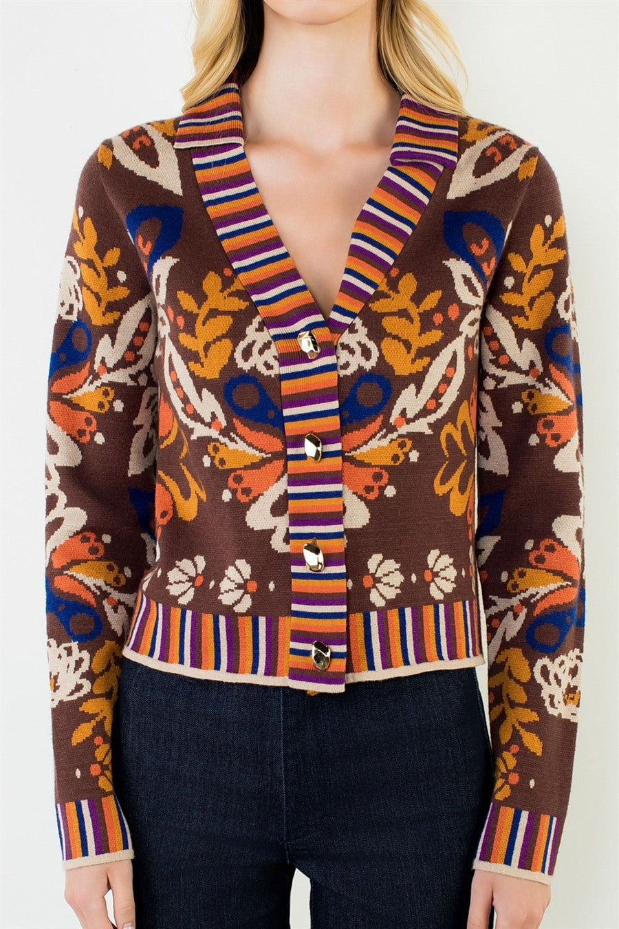 Floral Vneck Gold Button Cardigan Brown