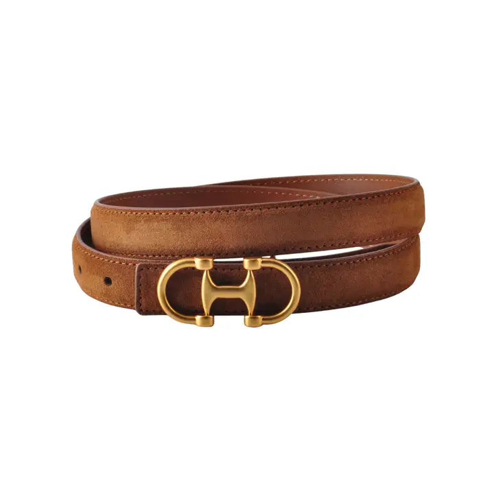 Horsebit Buckle Equestrian Stitched Suede/Napa Leather Belt Caramel