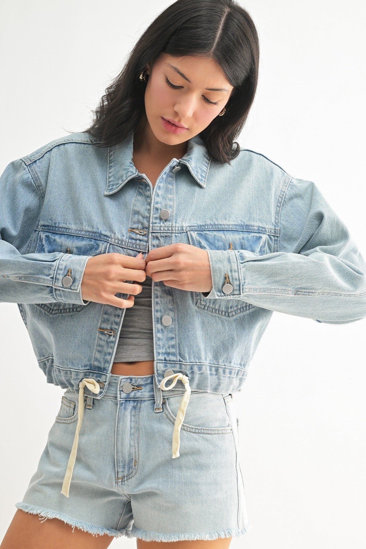 Tied Waist Denim Crop Jacket Light Denim
