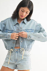 Tied Waist Denim Crop Jacket Light Denim