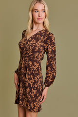 Shirred Floral Long Sleeve Surplice Dress Brown Floral