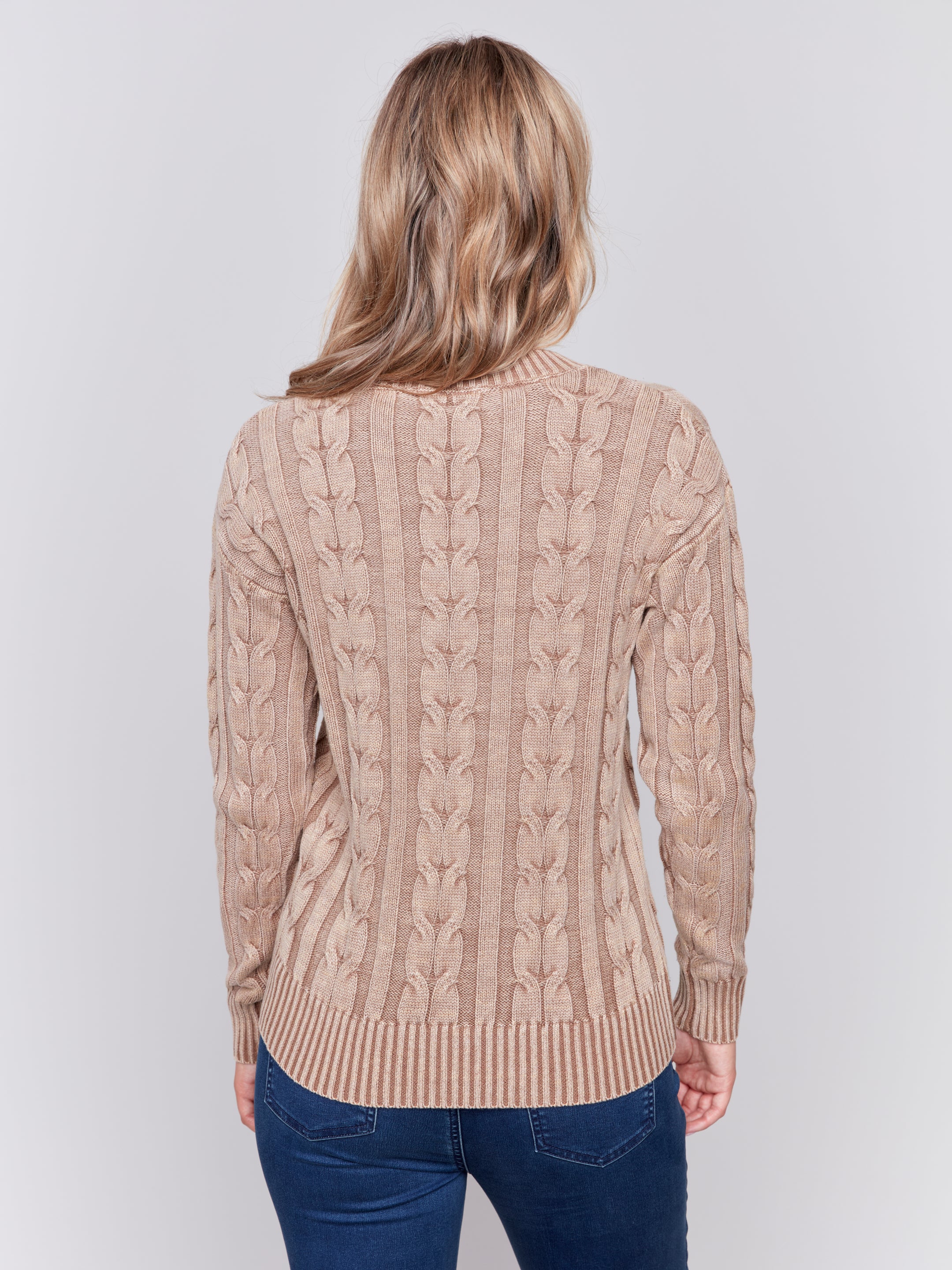 Cold Dye Cable Knit Vneck Sweater Truffle