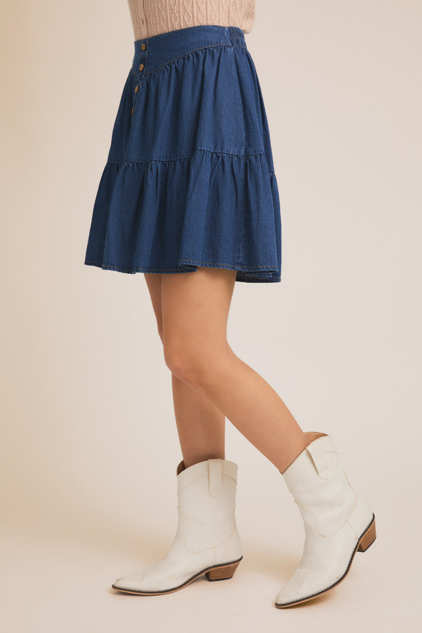 Button Detail Denim Tiered Mini Skirt Light Denim