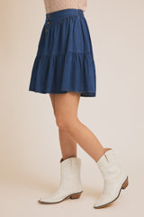 Button Detail Denim Tiered Mini Skirt Light Denim