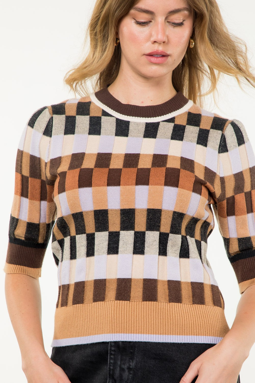 Textured Knit Squares Short Sleeve Top Brown