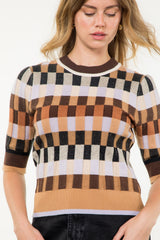 Textured Knit Squares Short Sleeve Top Brown