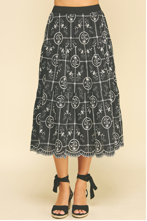 Tiered Embroidered Maxi Skirt Black