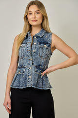 Embroidered Peplum Denim Vest Denim Blue