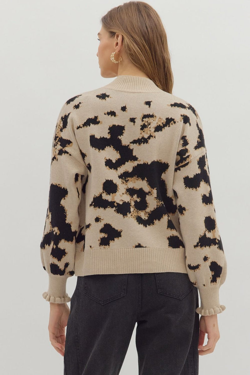 Abstract Leopard 1/4 Zip Sweater Pullover Taupe