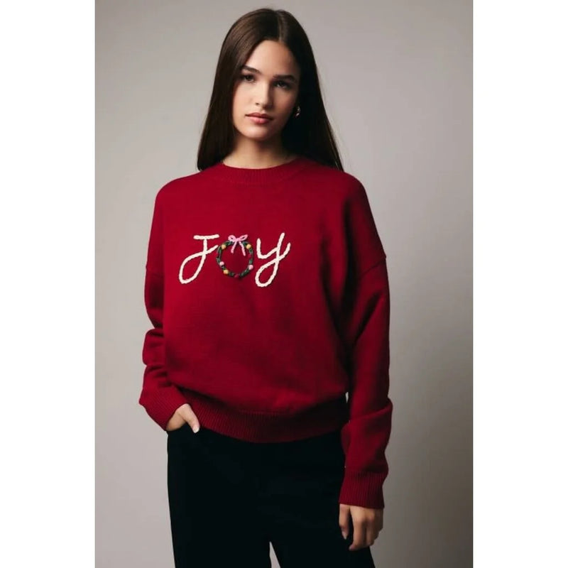 Embroidered Joy Wreath Sweater Crimson