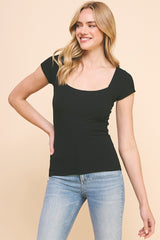 Ribbed Knit Relax Fit Square Neck Top Black