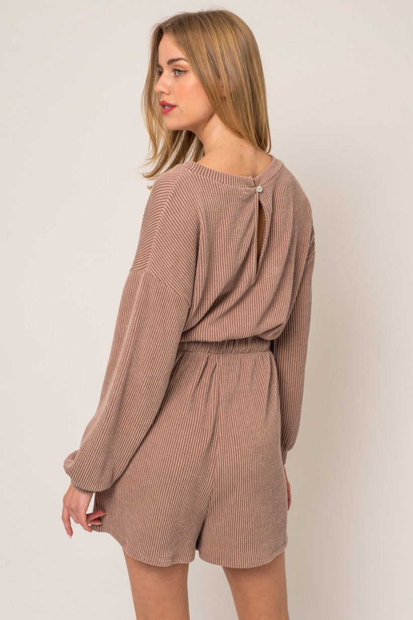 Ribbed Long Sleeve Waist Tie Romper Mocha