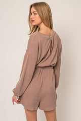Ribbed Long Sleeve Waist Tie Romper Mocha