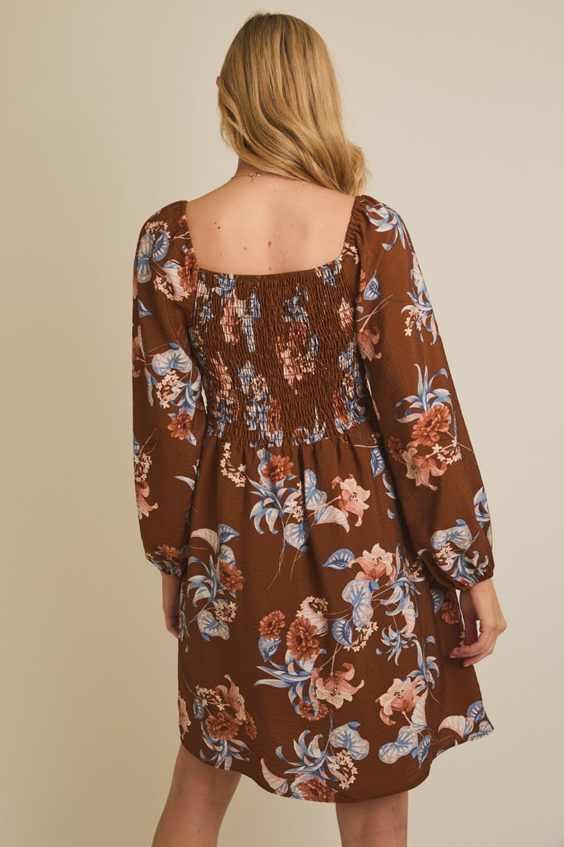 Sweetheart Neckline Front Tie Floral Long Sleeve Dress Brown Multi