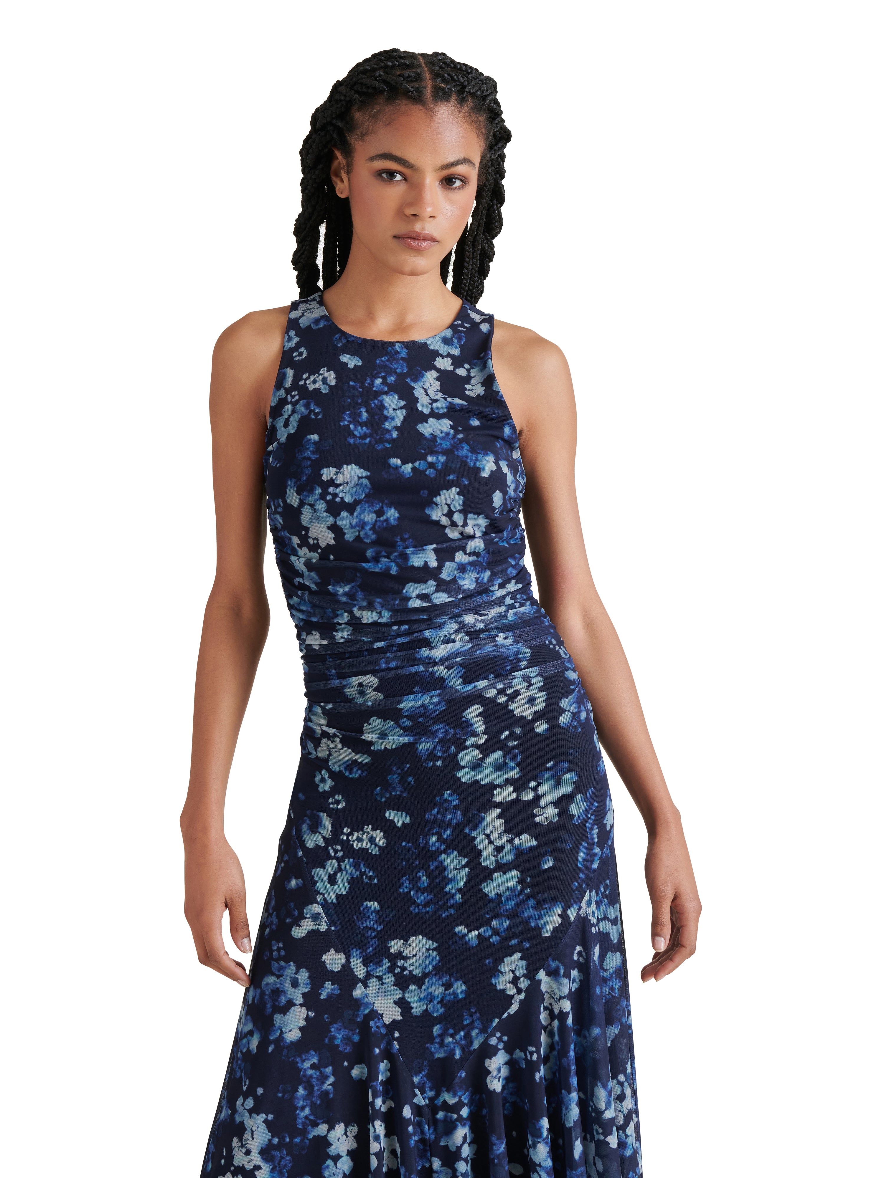 Laney Asymmetric Hem Mesh Print Dress Indigo