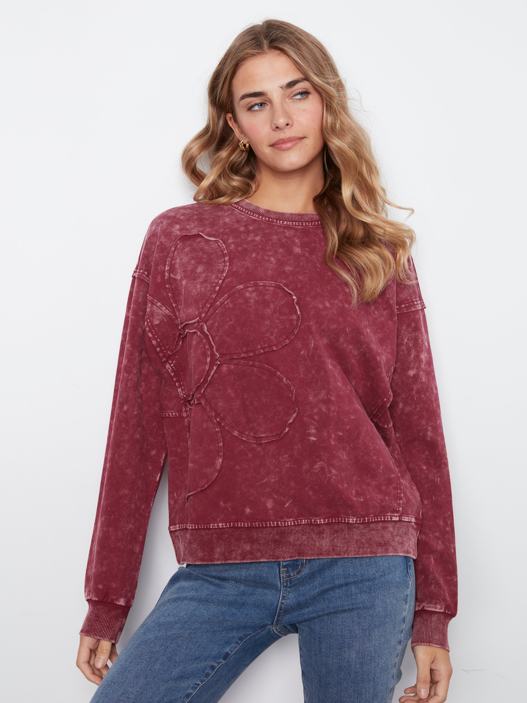 Flower Applique Long Sleeve Top Merlot