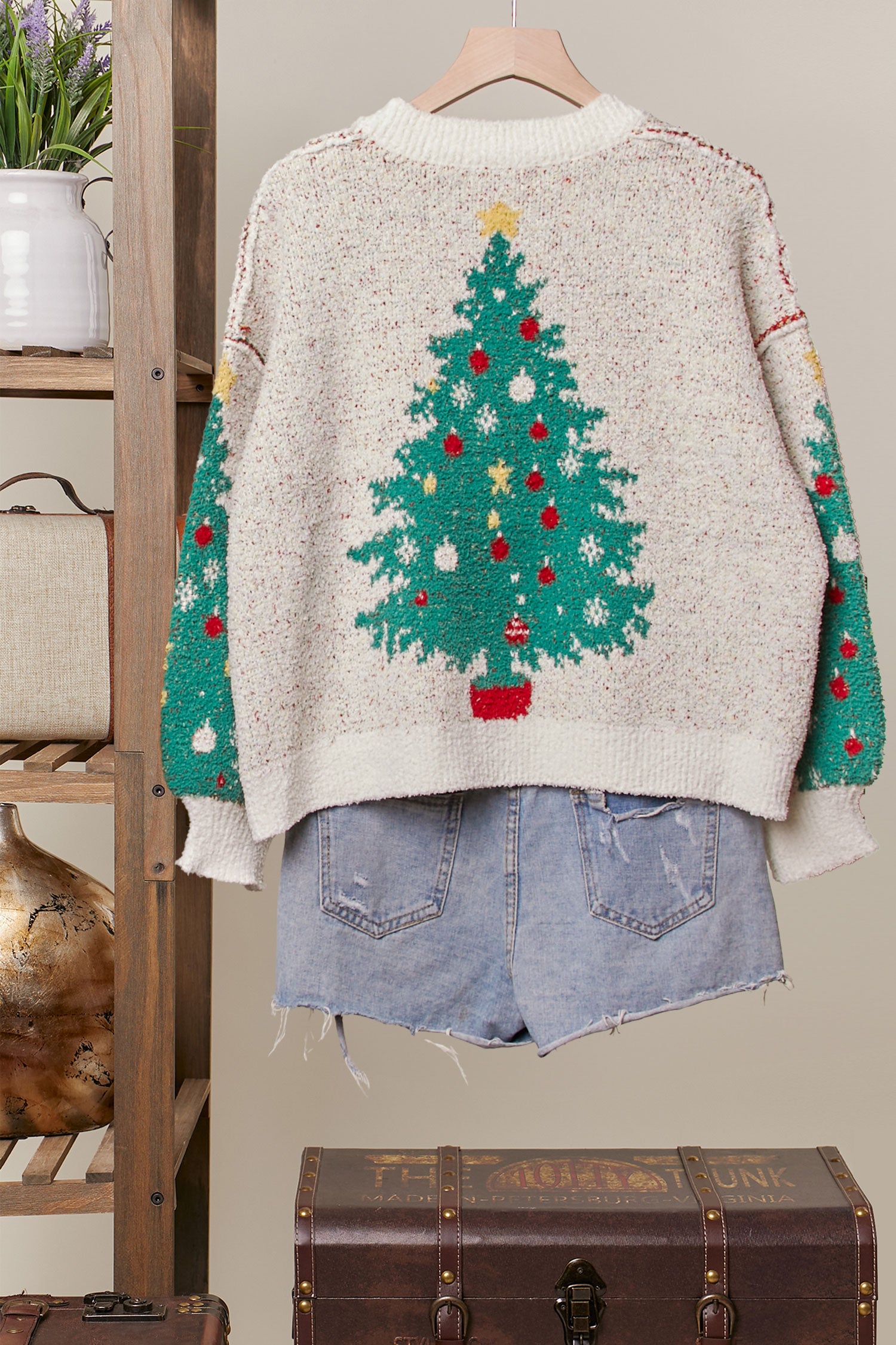 Christmas Tree Jacquard Knit Vneck Cardigan Multi