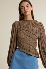 Ruched Long Sleeve Asymmetric Hem Top Brown