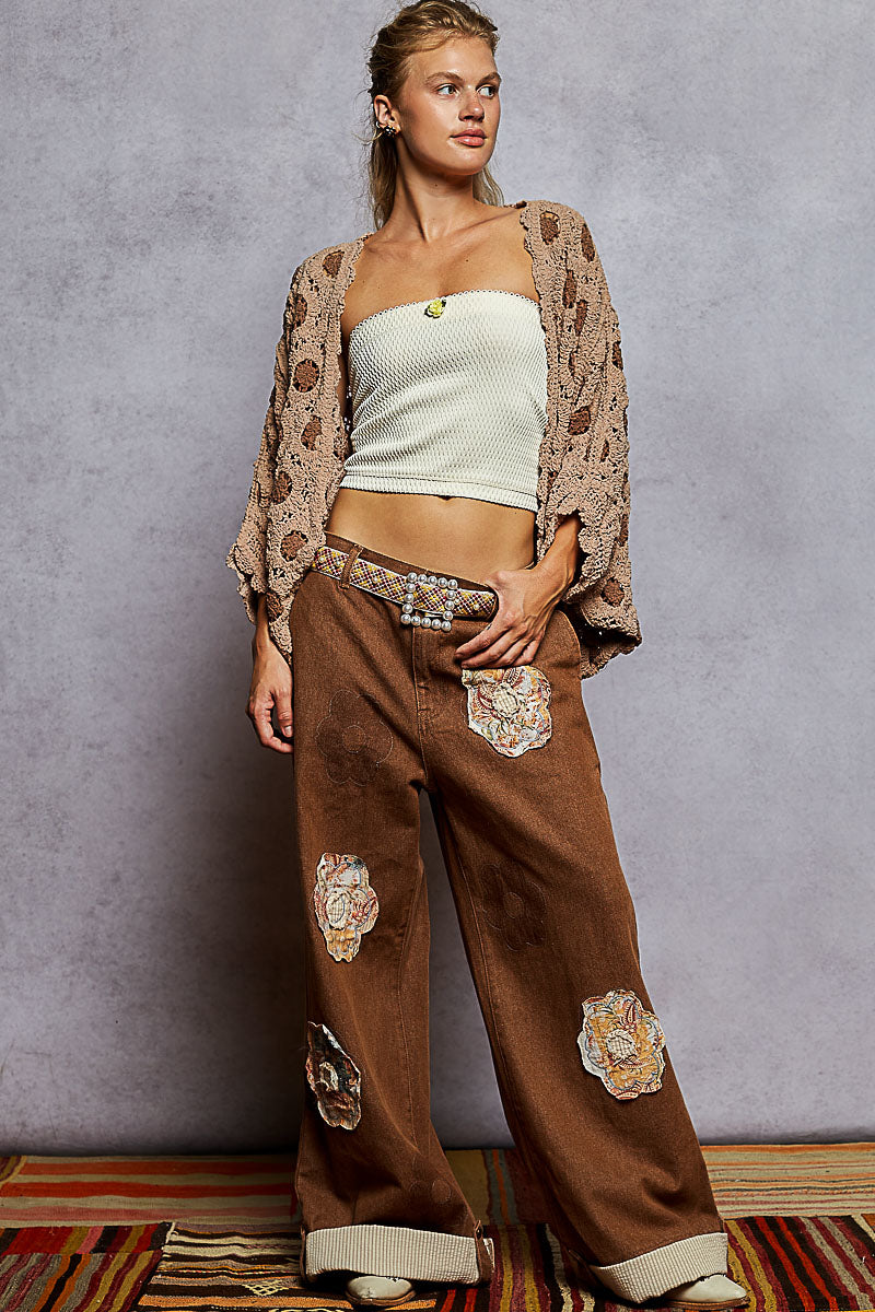 Floral Pattern V-neck Relaxed Fit Batwing Cardigan Latte/Mocha