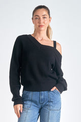 Off Shoulder Strappy Ribbed Sweater Black