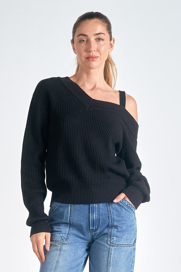 Off Shoulder Strappy Ribbed Sweater