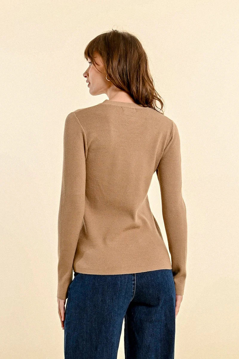 Twist Neck Keyhole Sweater Top Beige