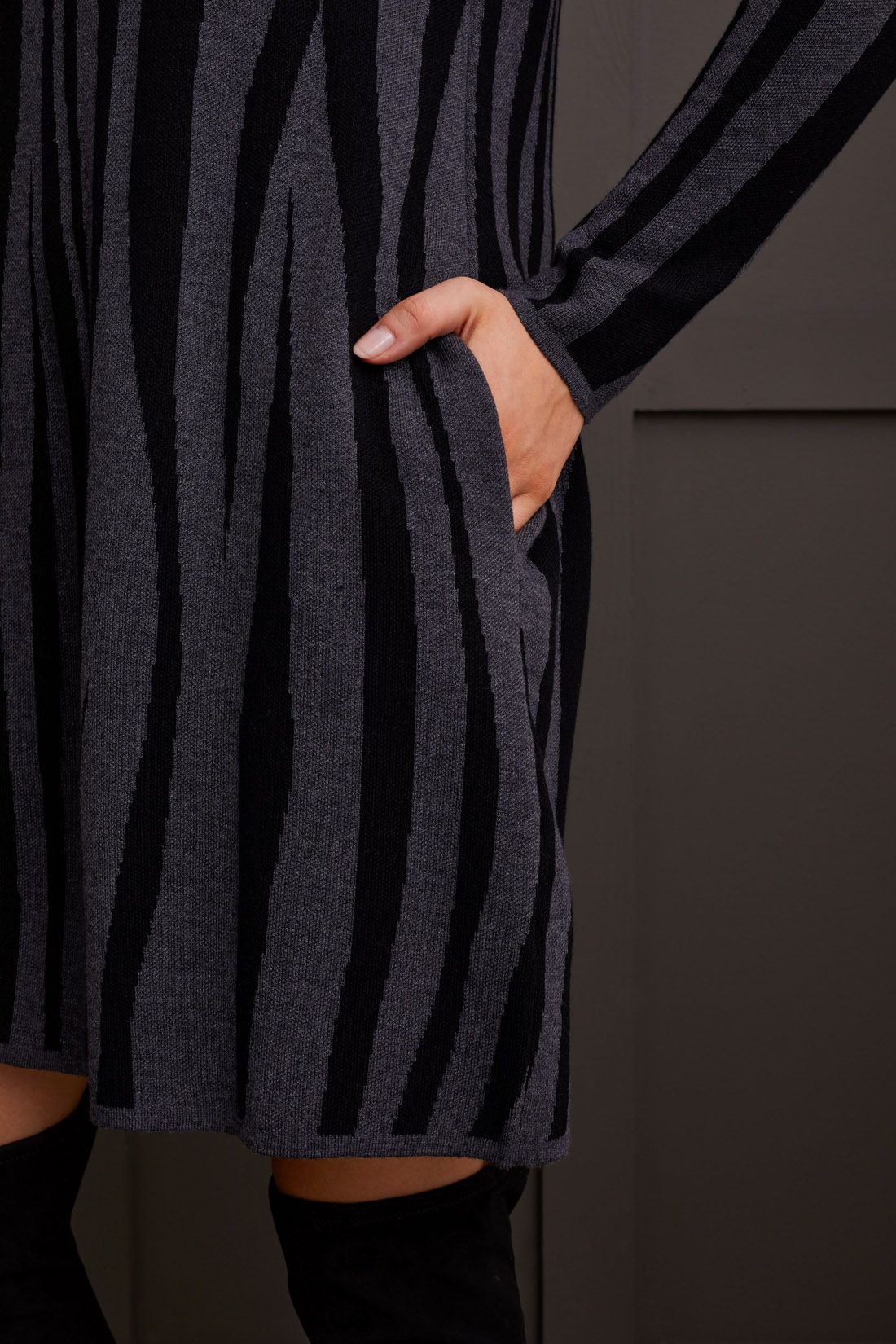 Funnel Neck Jacquard Sweater Dress Charcoal