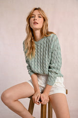 Open Cable Knit Metallic Sweater Turquoise