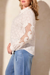 Lace Applique Long Sleeve Buttoned Blouse White