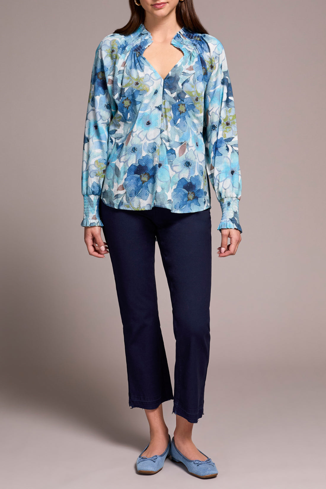 Smocked Details Vneck Blouse Slate Blue