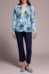 Smocked Details Vneck Blouse Slate Blue