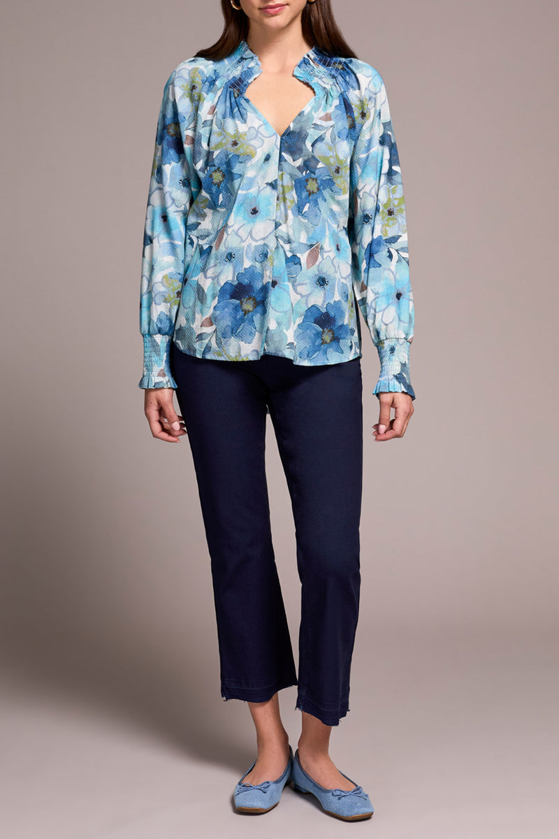 Smocked Details Vneck Blouse Slate Blue