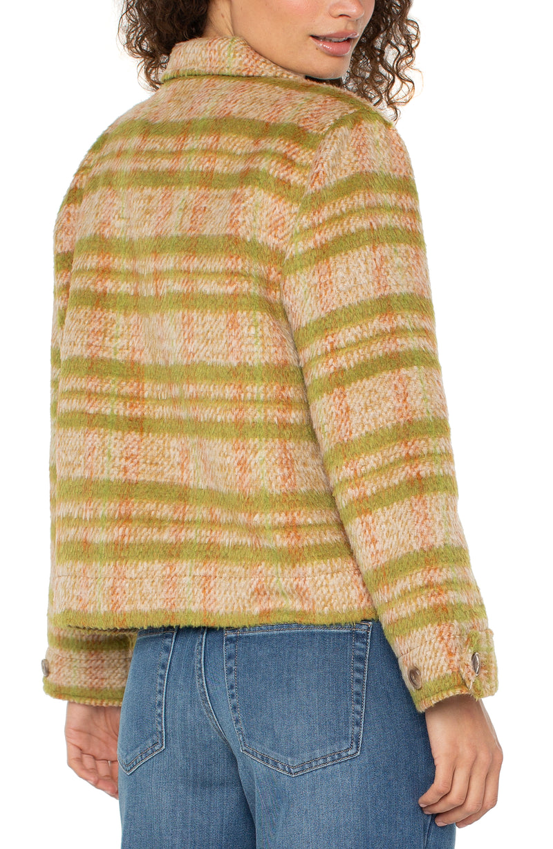 Button Front Boxy Shacket Green Gold Plaid