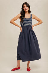 Mix Media Stripe Rib Midi Dress Navy