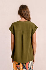 Crepe Vneck Shoulder Detail Short Sleeve Shirt Khaki