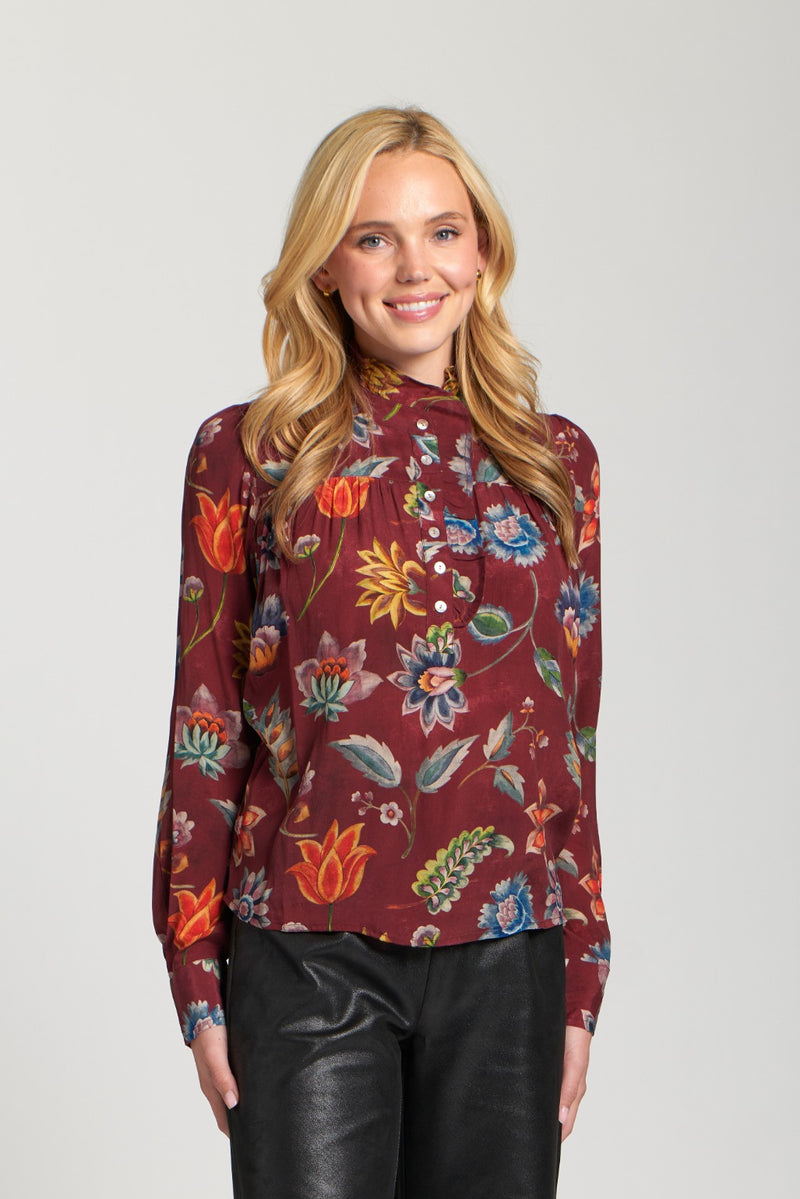 Printed Ruffle Half Placket Blouse Fleur Wine Multi
