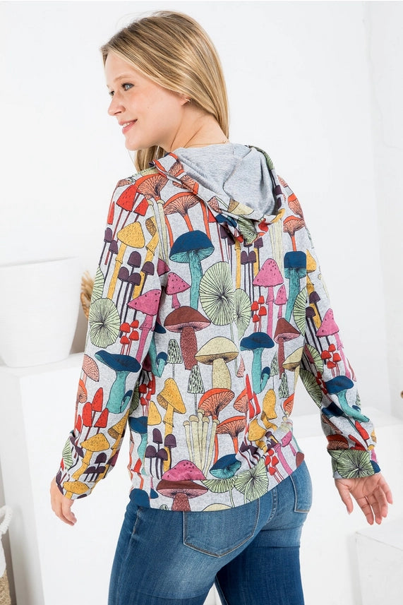 Whimsical Mushroom Print Hoodie with Pocket